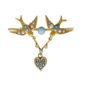 Antique Edwardian Gold Tone Swallow Heart Brooch
