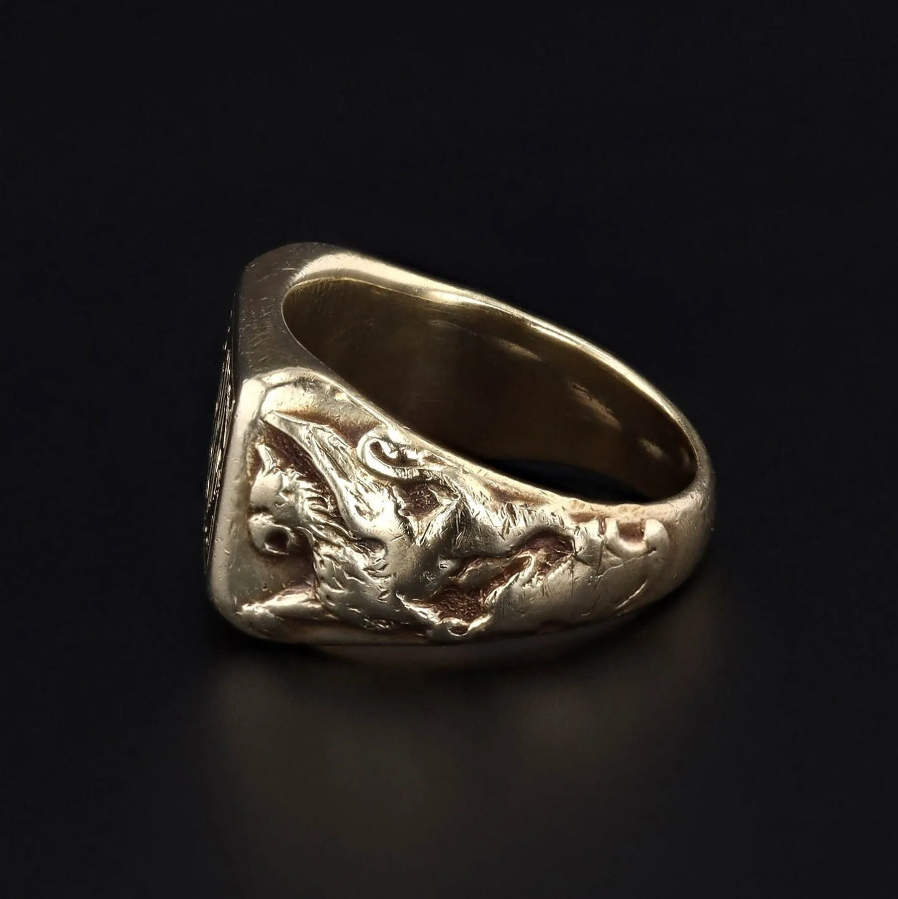 Antique Griffin Signet Ring with Initials AHM in 14k Gold