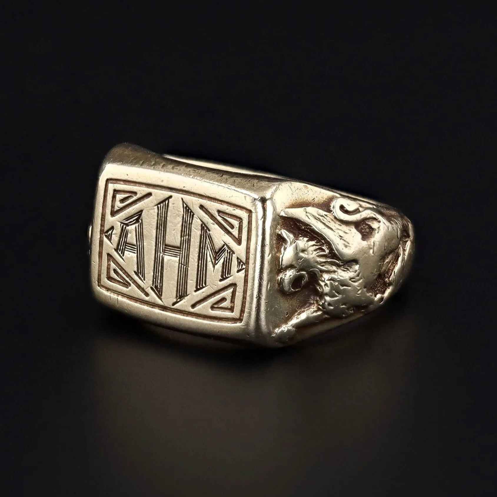 Antique Griffin Signet Ring with Initials AHM in 14k Gold