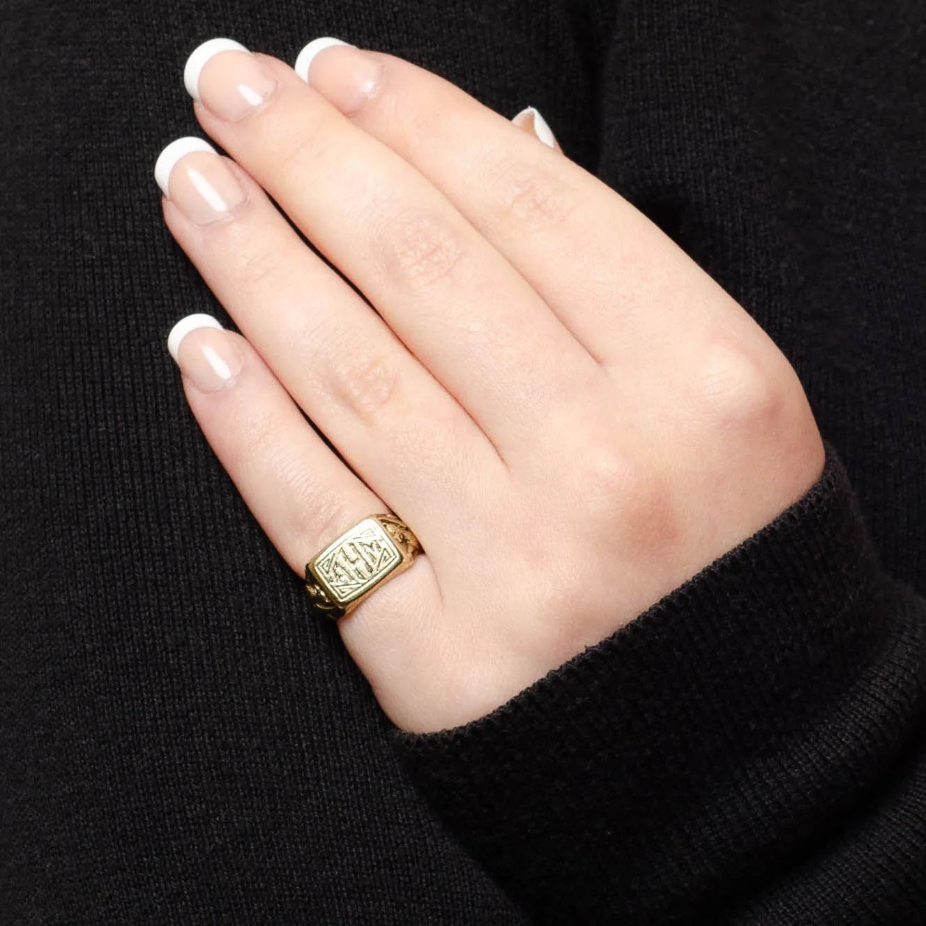 Antique Griffin Signet Ring with Initials AHM in 14k Gold