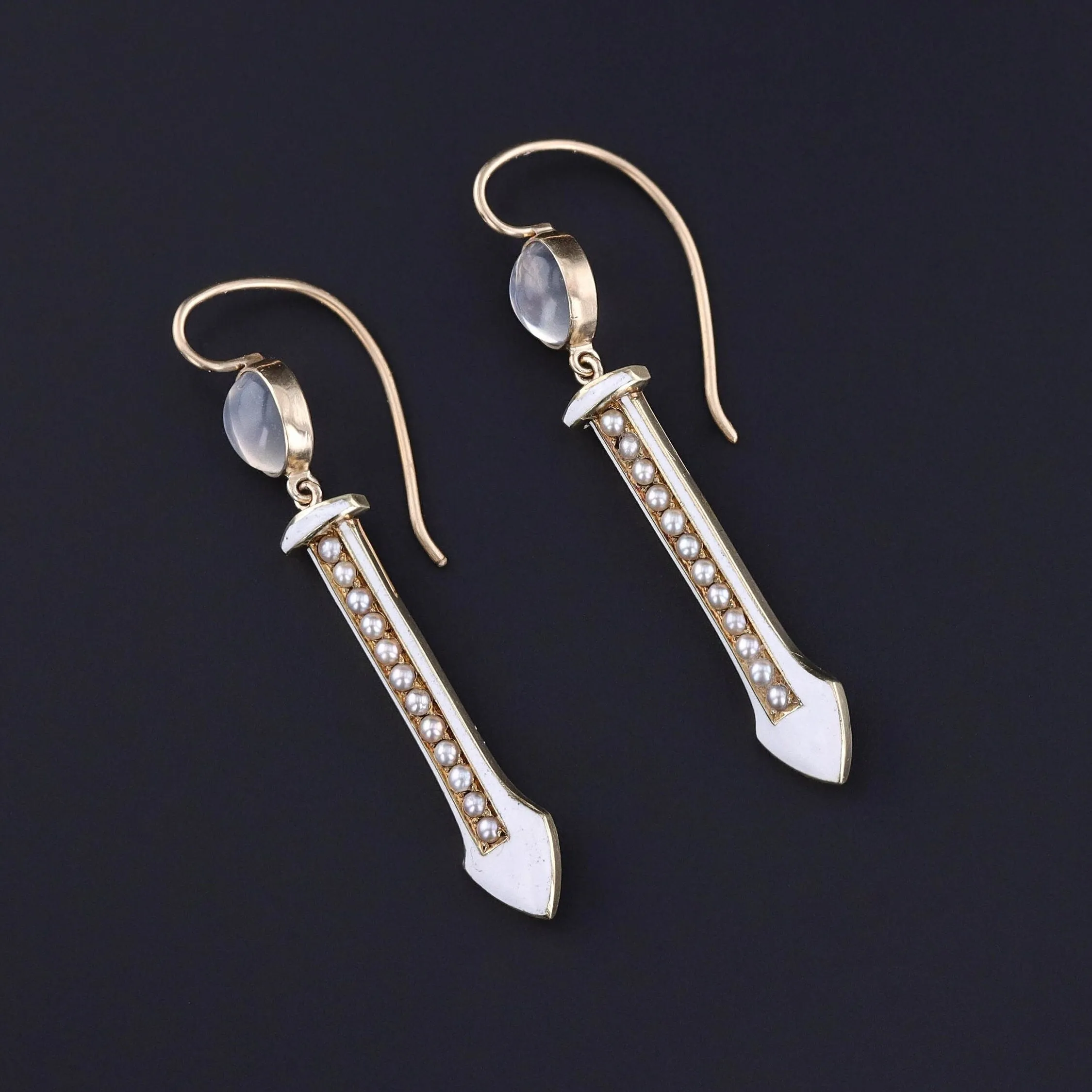 Antique Moonstone and Pearl Conversion Earrings of 14k Gold