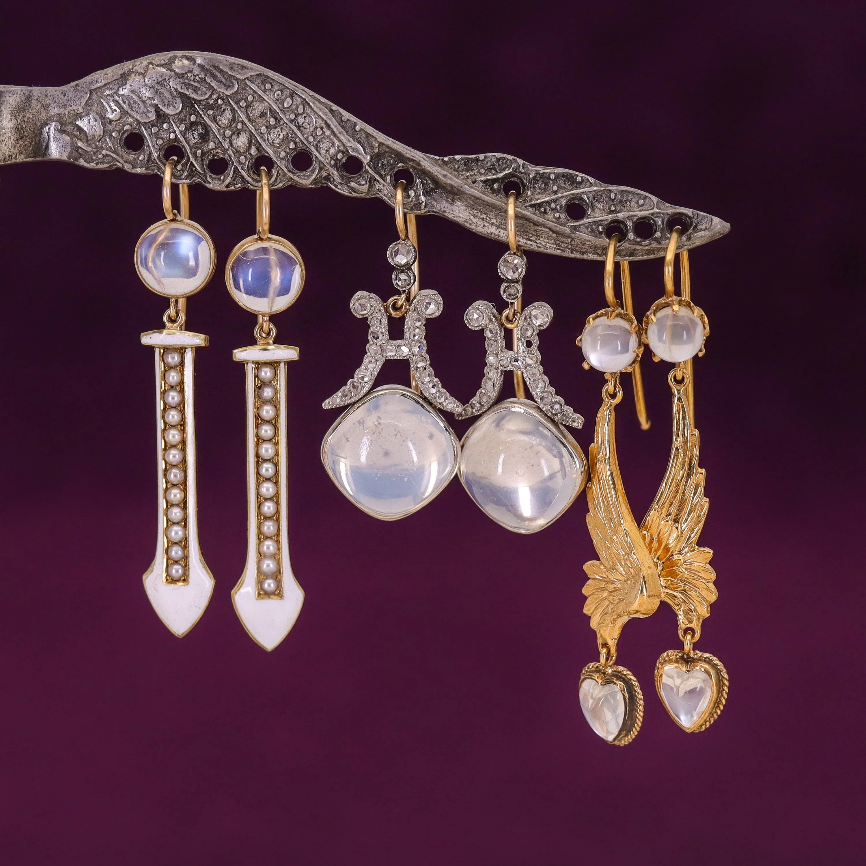 Antique Moonstone and Pearl Conversion Earrings of 14k Gold