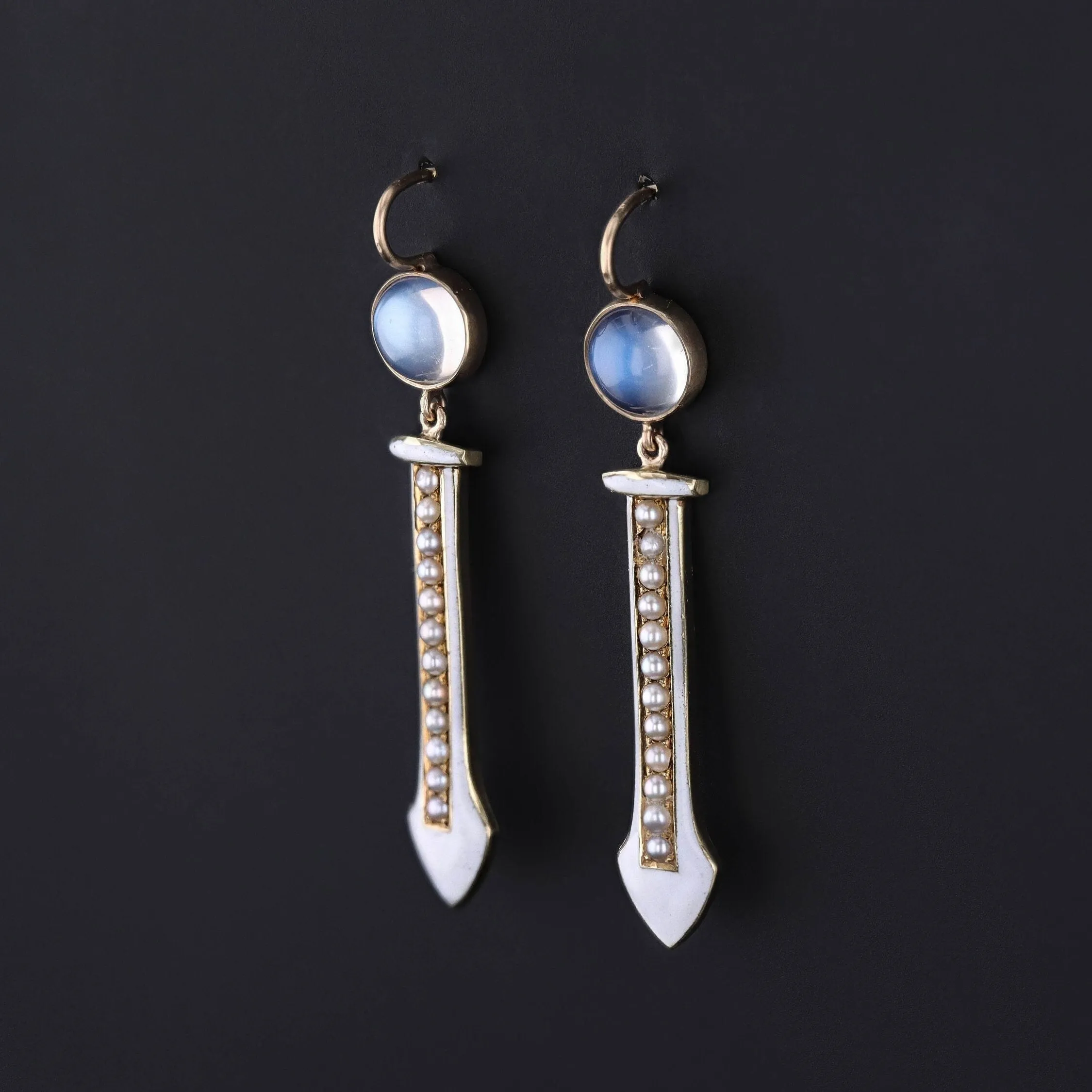 Antique Moonstone and Pearl Conversion Earrings of 14k Gold