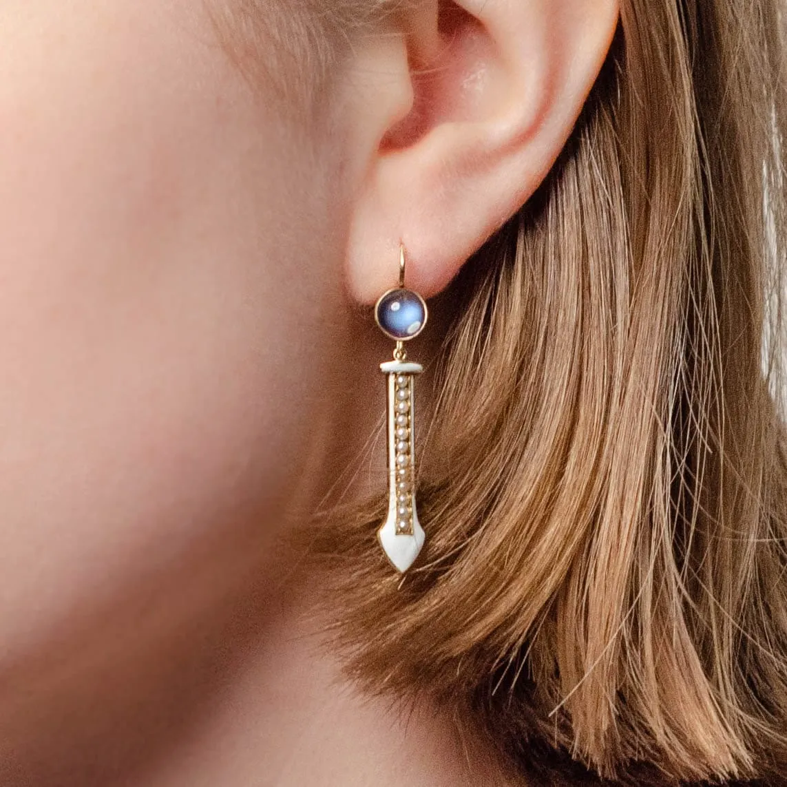 Antique Moonstone and Pearl Conversion Earrings of 14k Gold