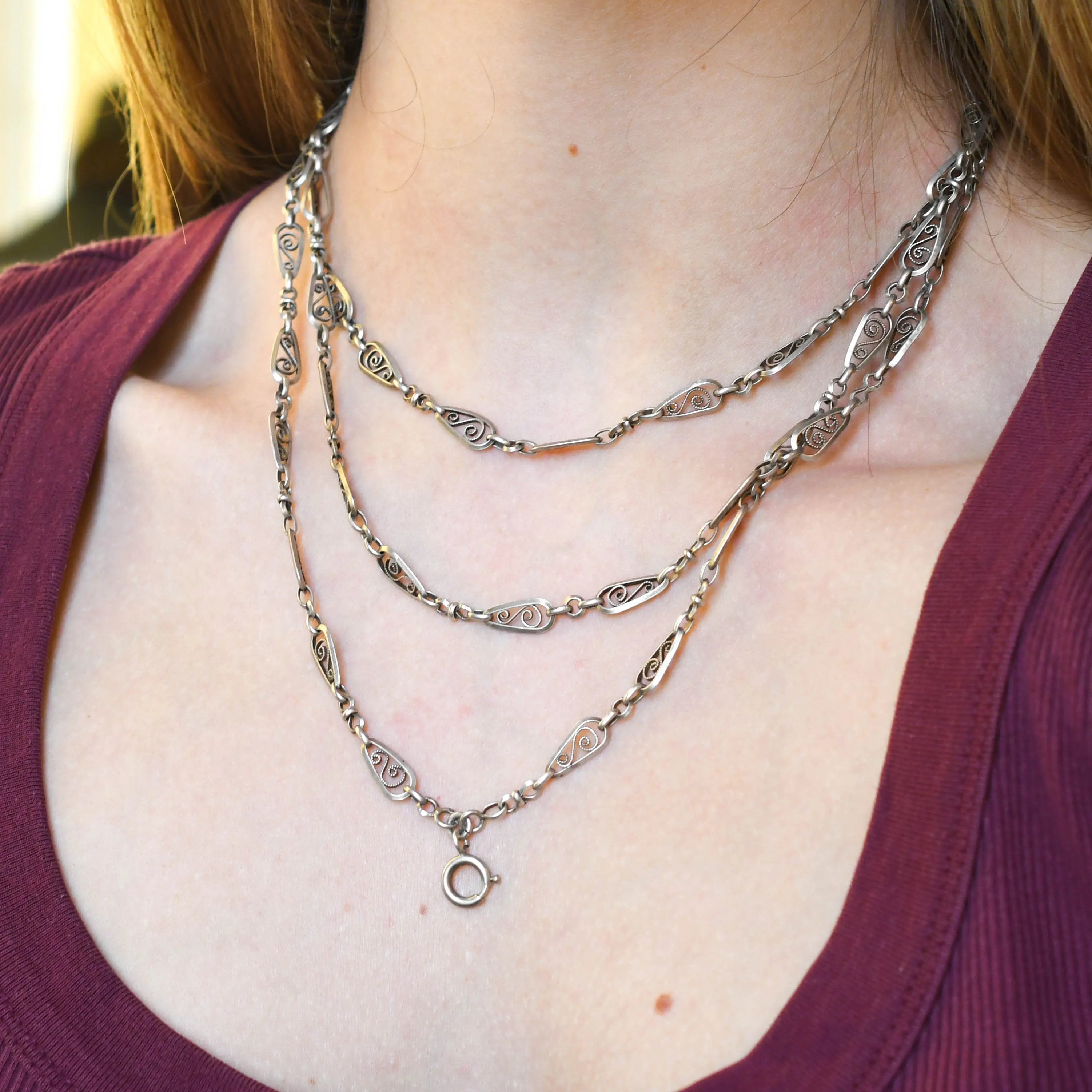 Art Nouveau French Silver Long Guard Chain 56"