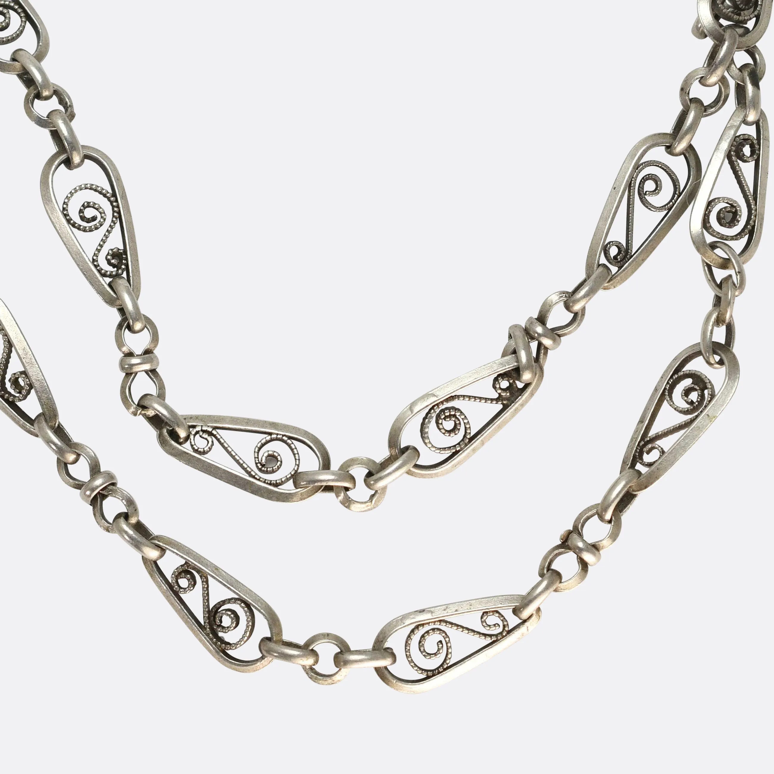 Art Nouveau French Silver Long Guard Chain 56"