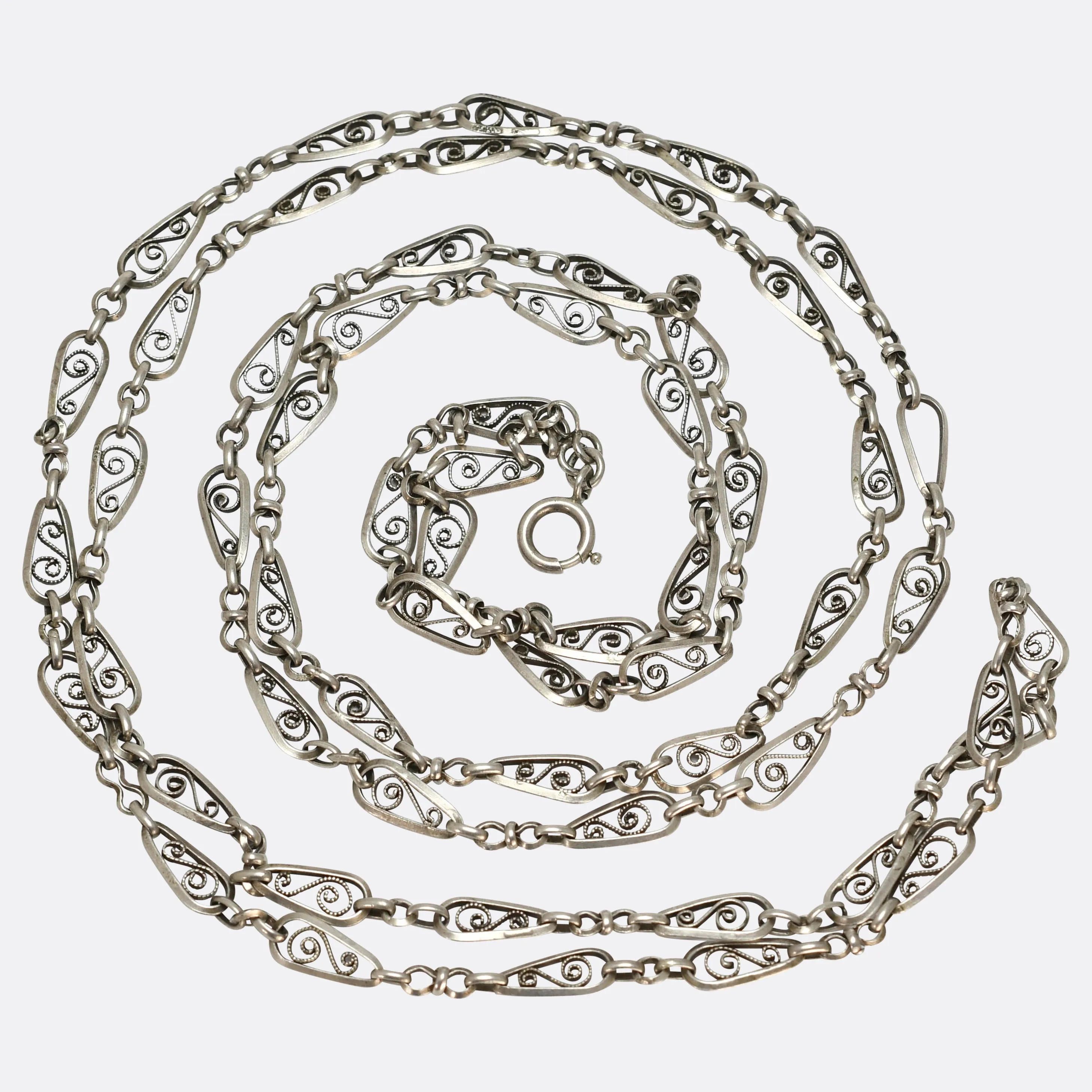 Art Nouveau French Silver Long Guard Chain 56"