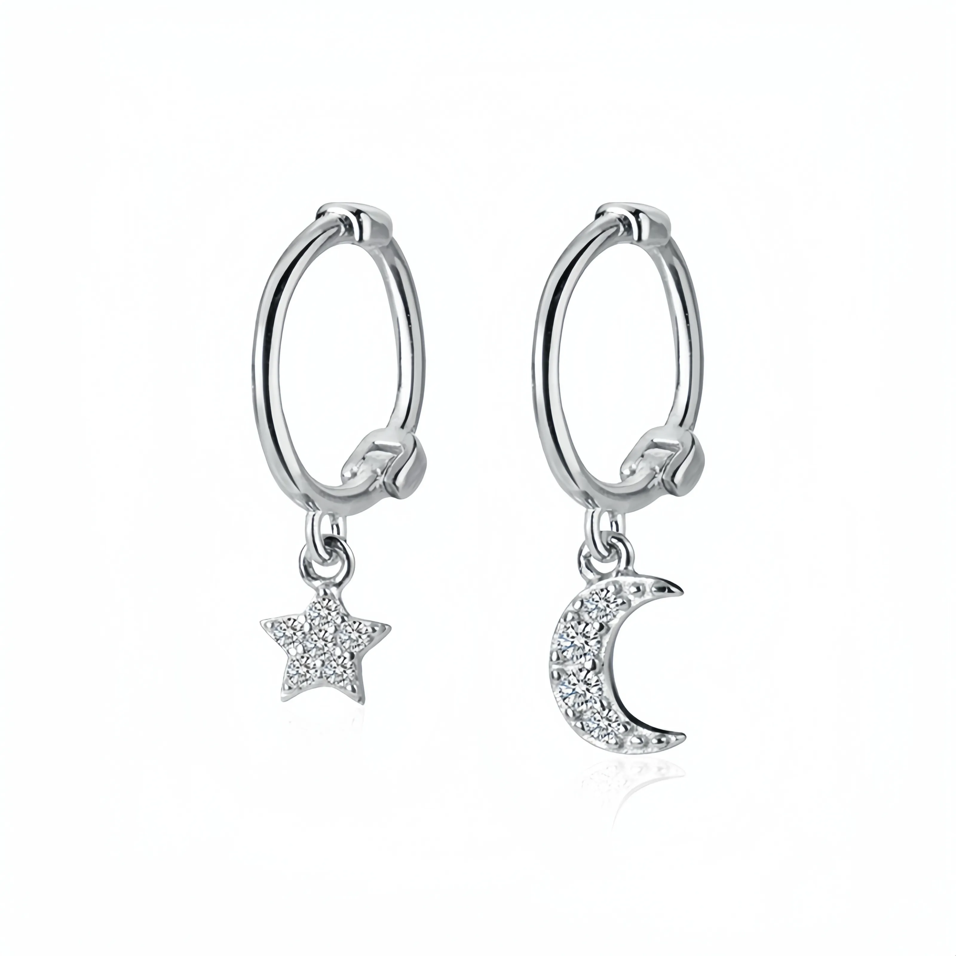 Asymmetry Star and Moon Crescent Drop Huggies Earrings-SH049