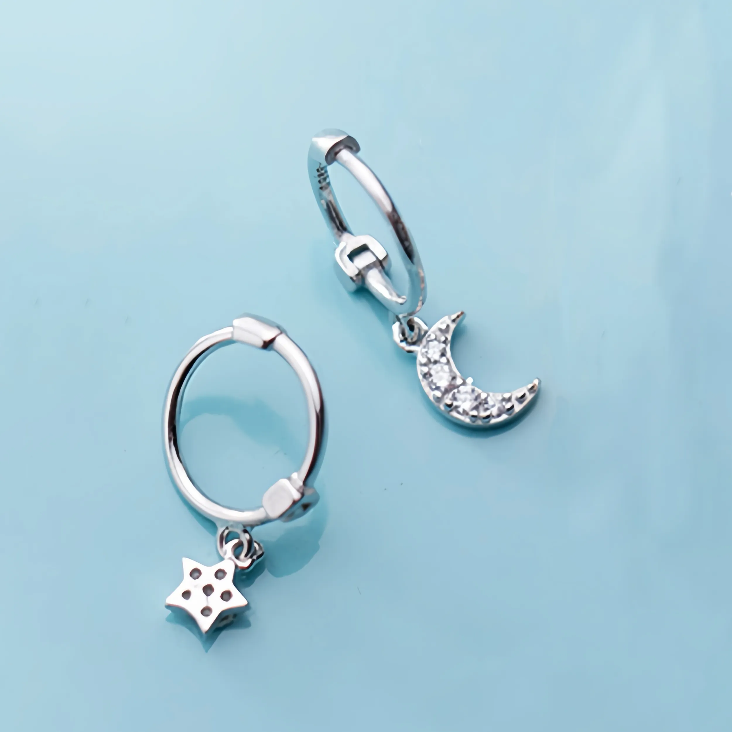 Asymmetry Star and Moon Crescent Drop Huggies Earrings-SH049