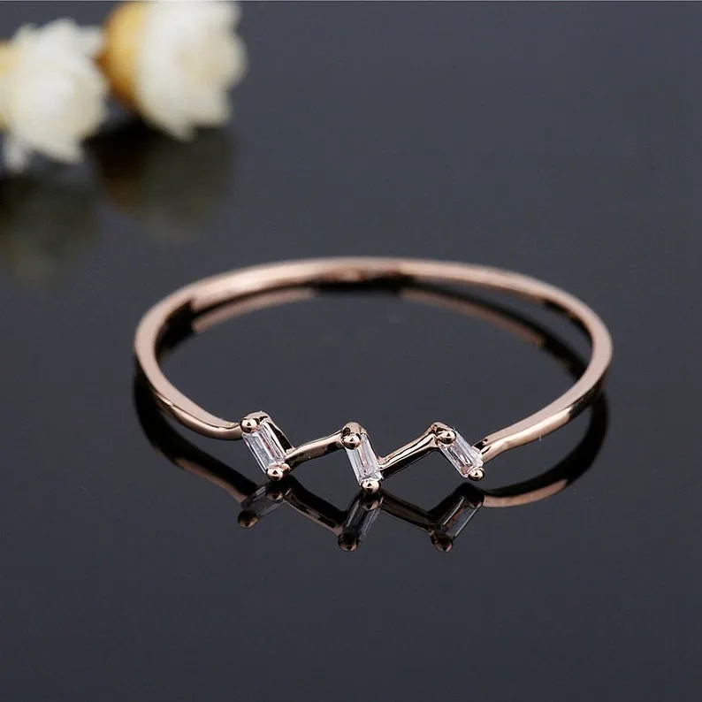 Baguette Moissanite engagement ring/ Rose gold unique simple thin dainty ring, round diamond wedding anniversary gift for women jewelry ring