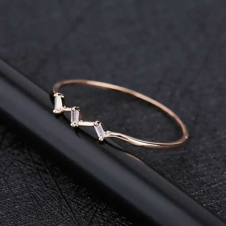 Baguette Moissanite engagement ring/ Rose gold unique simple thin dainty ring, round diamond wedding anniversary gift for women jewelry ring