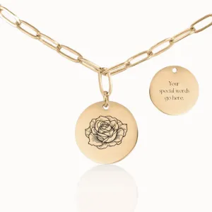 Birth Flower Garden Coin Pendant on Paperclip Chain