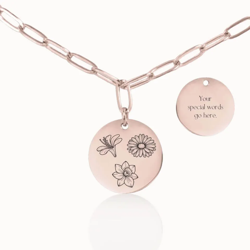 Birth Flower Garden Coin Pendant on Paperclip Chain