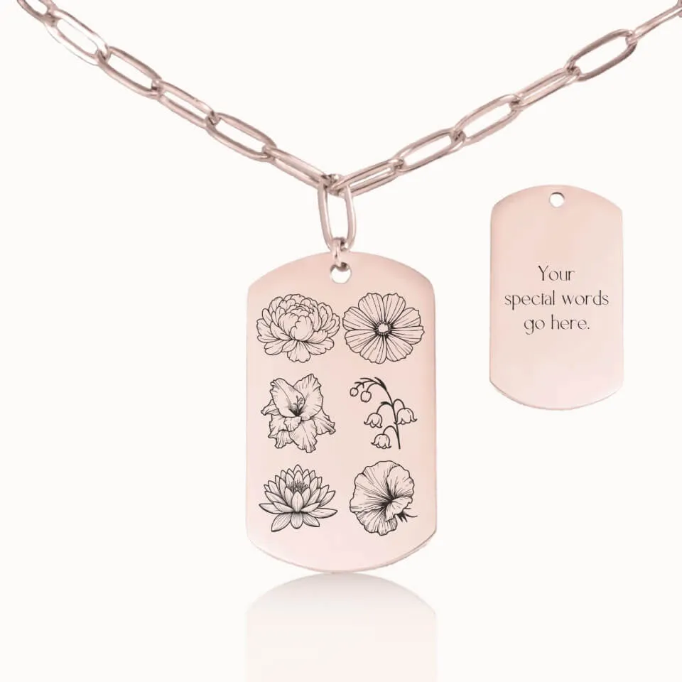 Birth Flower Garden Tag Pendant on Paperclip Chain