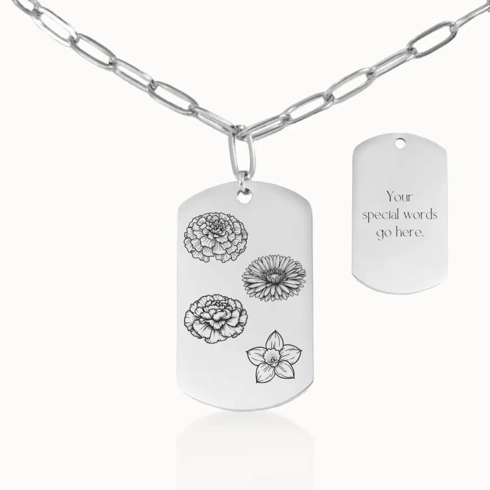 Birth Flower Garden Tag Pendant on Paperclip Chain