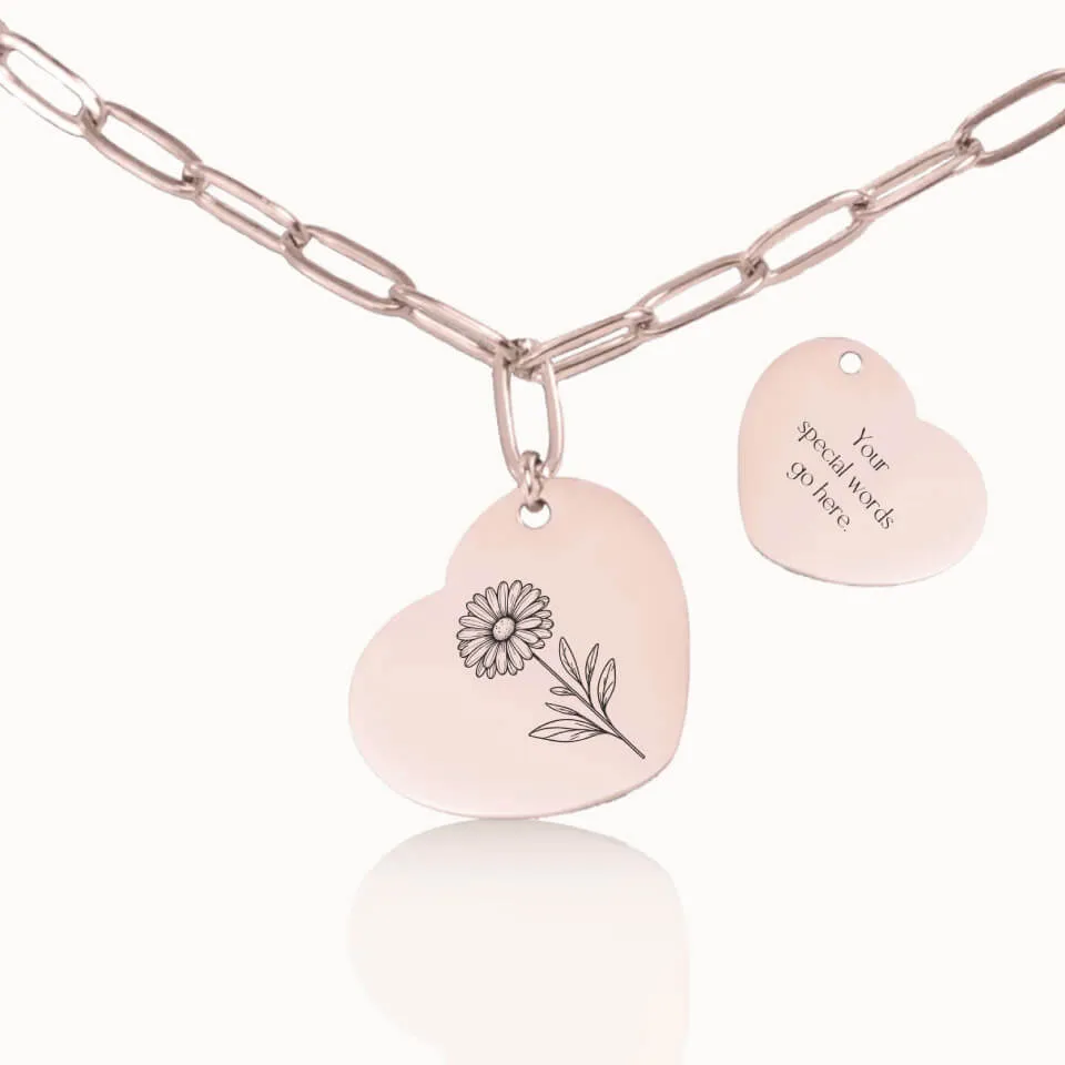 Birth Flower Heart Pendant on Paperclip Chain