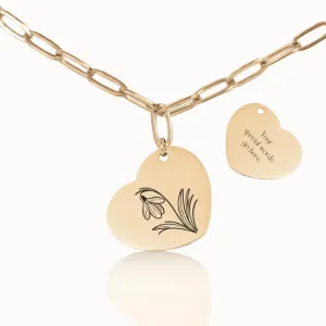 Birth Flower Heart Pendant on Paperclip Chain