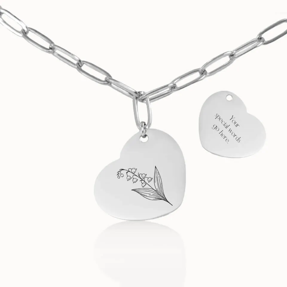 Birth Flower Heart Pendant on Paperclip Chain
