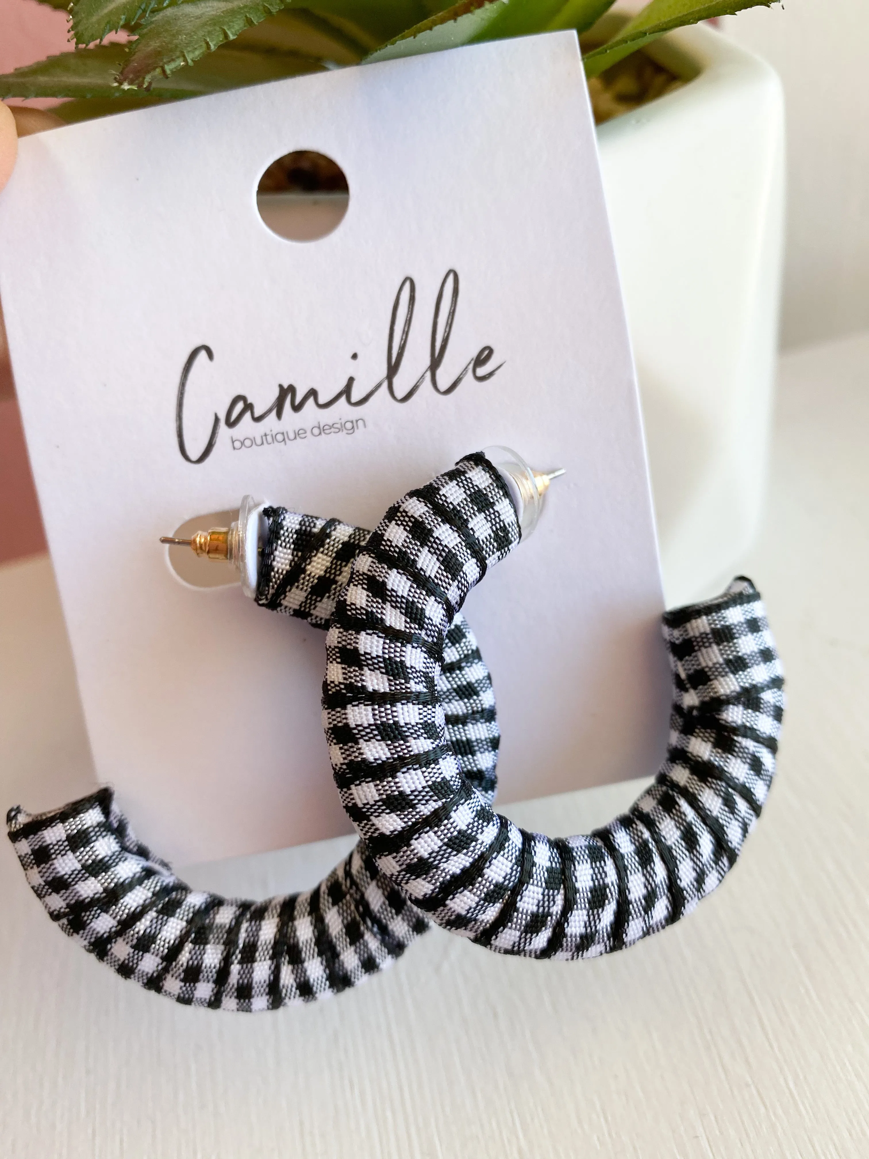 Black & White Gingham Hoop Earrings