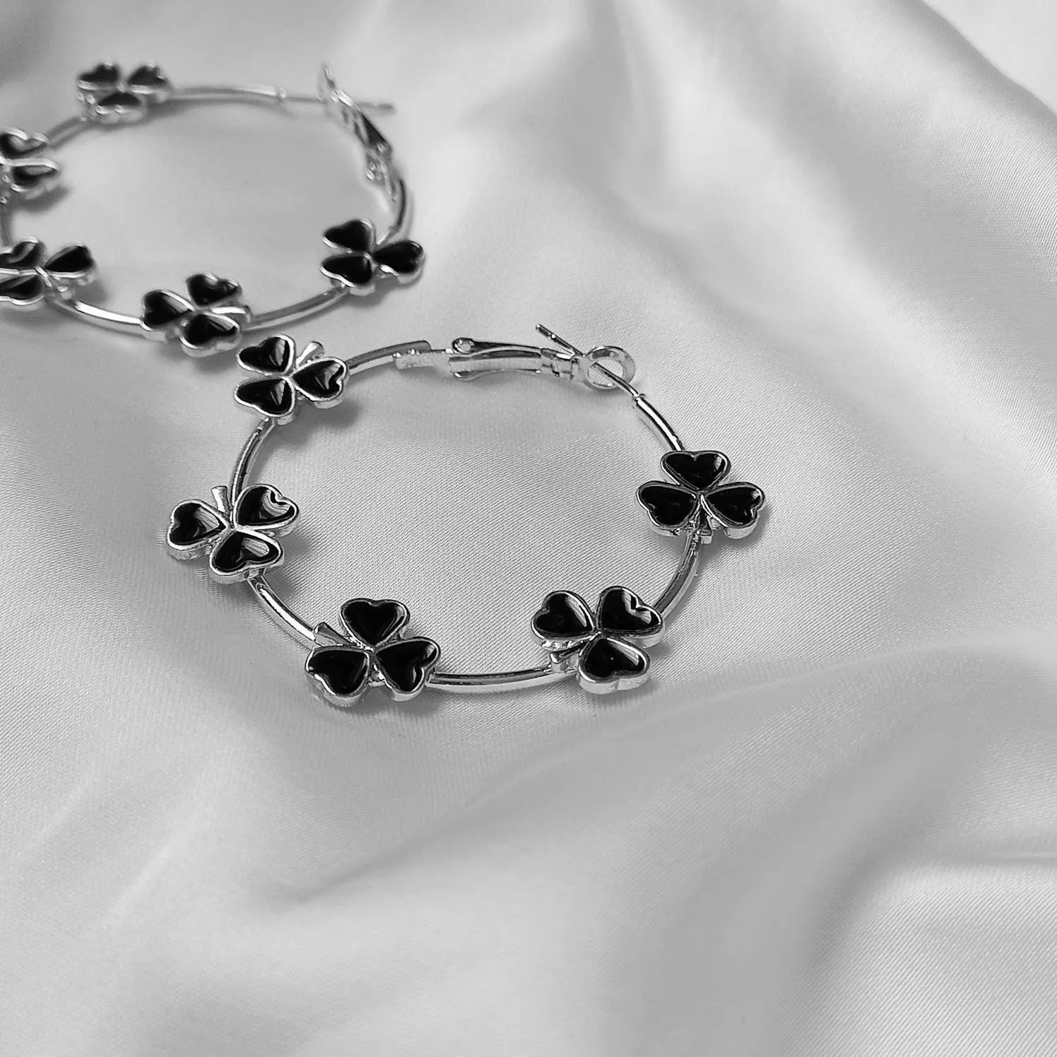 Black Clover Hoop Earrings - Lightweight Hoop Earrings,Silver Earrings,Silver Hoop Earrings,Clover Earrings,Flower Jewellery In The UK
