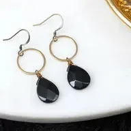 Black Onyx Teardrop Hoop Earrings
