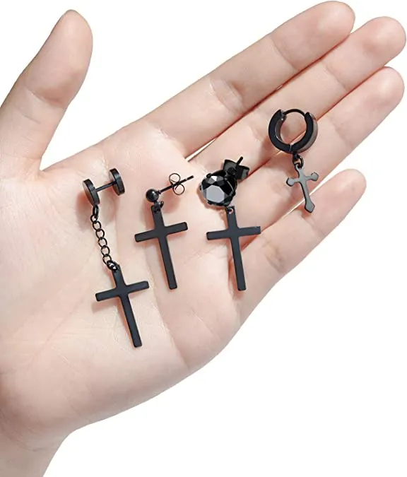 Black Stainless Steel Cross Dangle Earrings