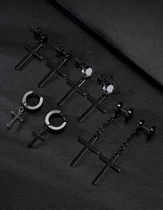 Black Stainless Steel Cross Dangle Earrings