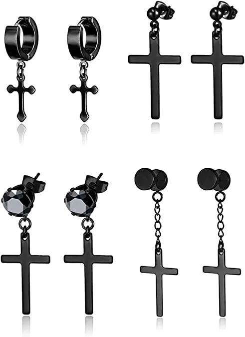 Black Stainless Steel Cross Dangle Earrings