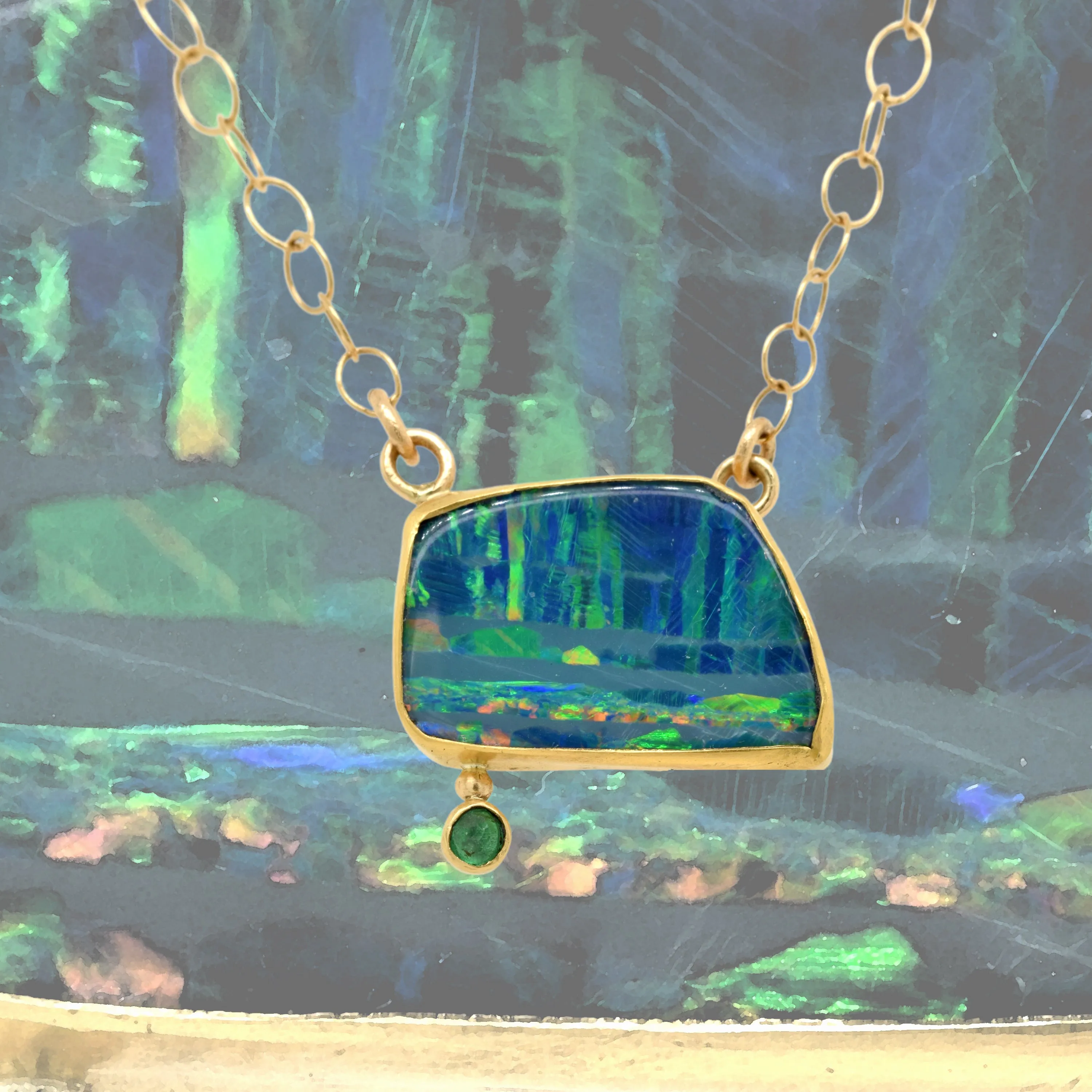 Boulder Opal Emerald Gold Necklace