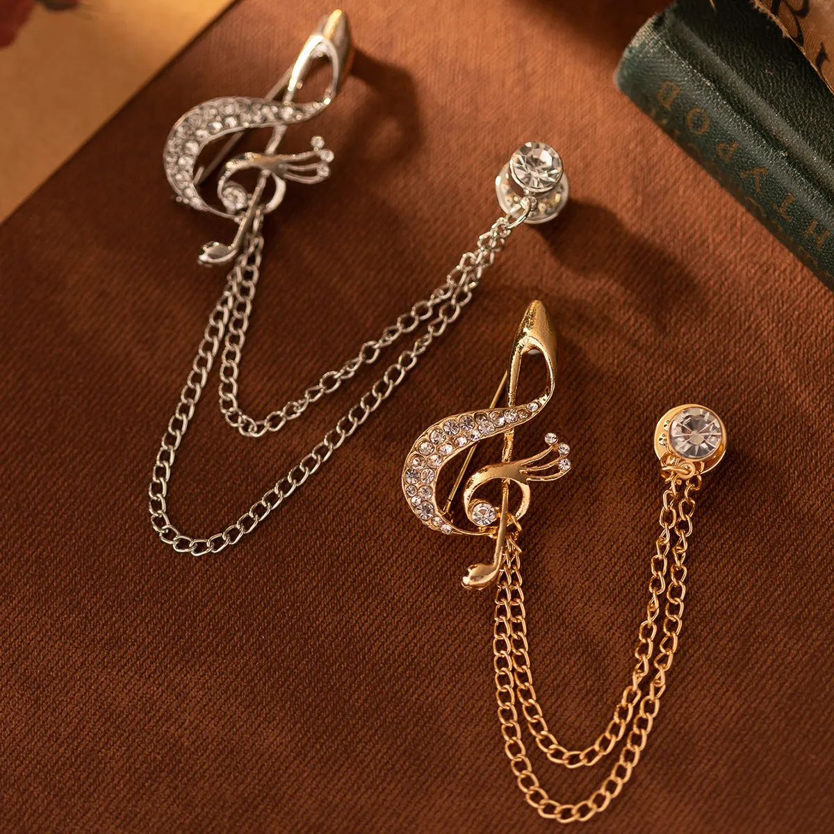 British Style Musical Note Rhinestone Chain Suit Corsage Brooch 3pcs