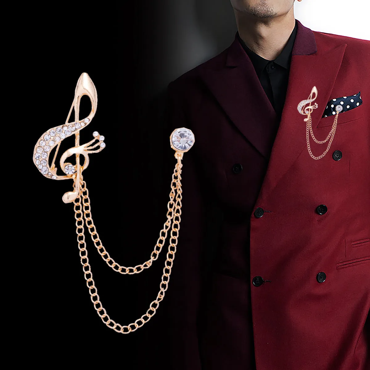 British Style Musical Note Rhinestone Chain Suit Corsage Brooch 3pcs