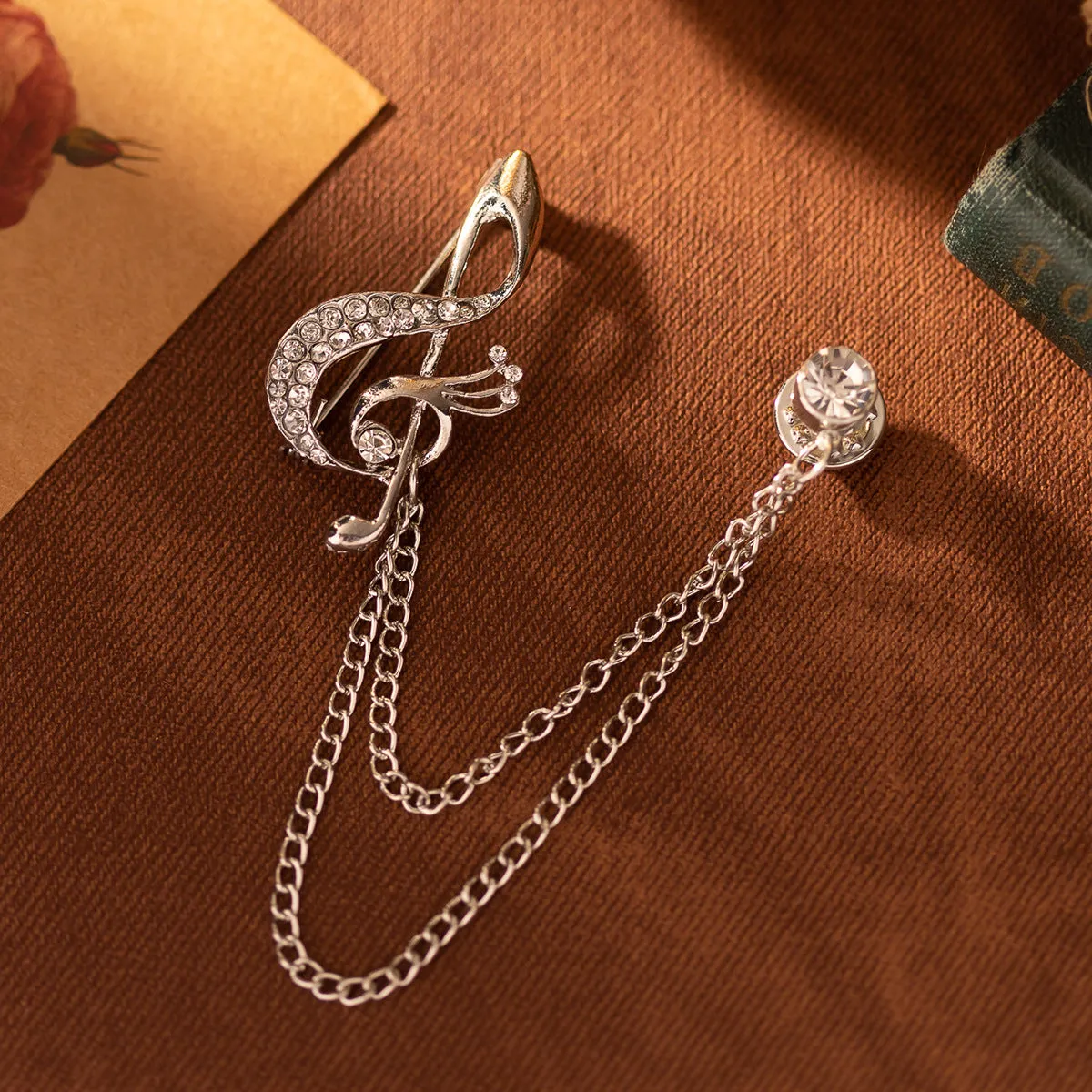 British Style Musical Note Rhinestone Chain Suit Corsage Brooch 3pcs
