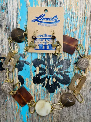 Brown Tone 36" Gold Link Necklace & Earrings