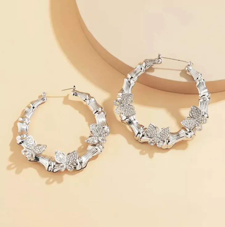 Butterfly Earrings | Hoop Earrings | Womens Big Diamond Earrings | Silver Hoop Earrings with Diamonds | Big Gold Hoop Earrings