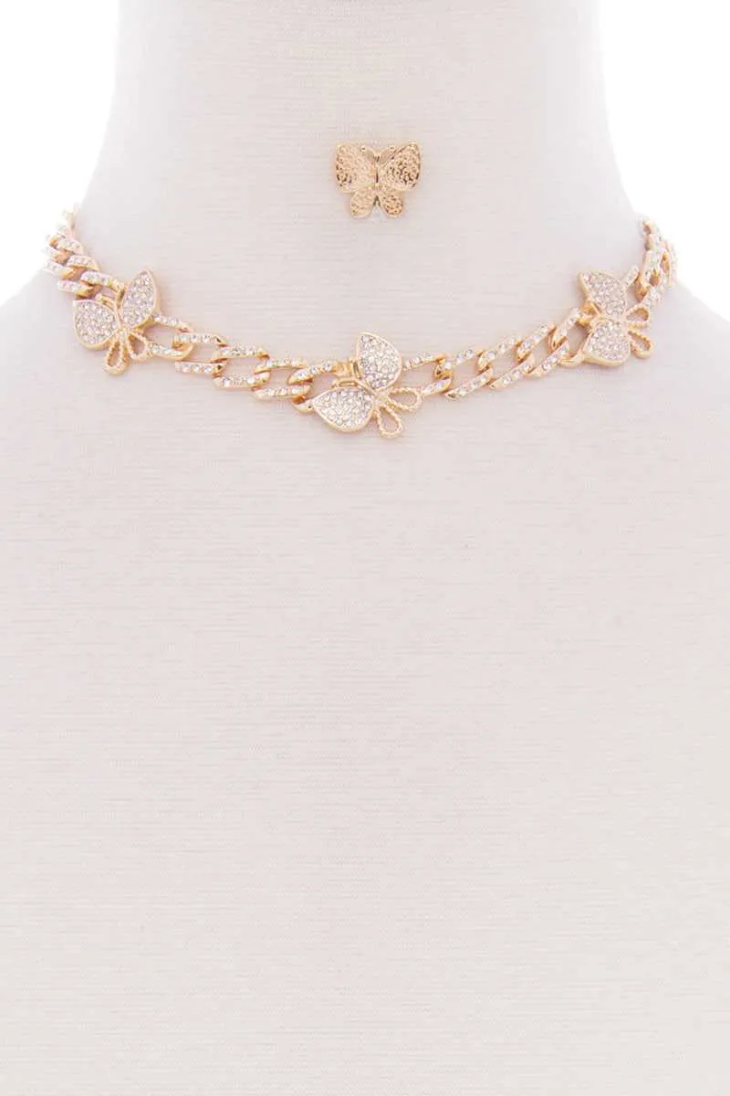 Butterfly Metal Stone Stud Link Chain Necklace Earring Set