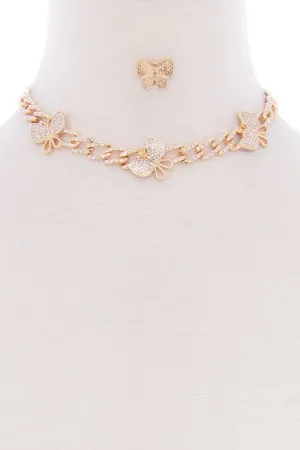 Butterfly Metal Stone Stud Link Chain Necklace Earring Set