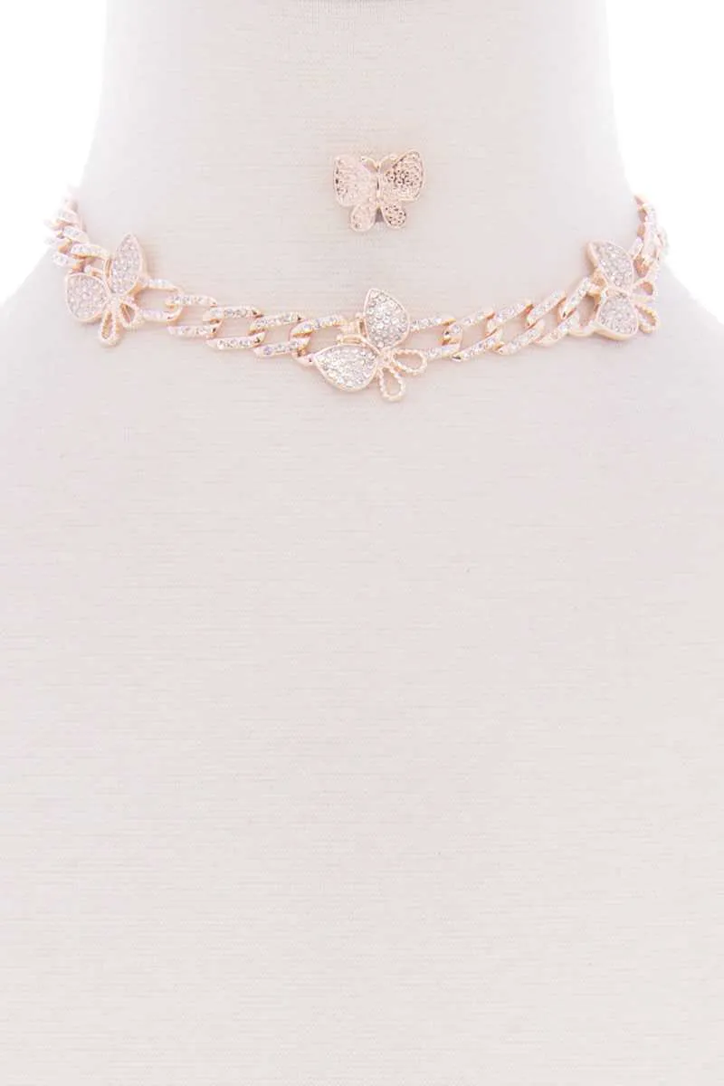 Butterfly Metal Stone Stud Link Chain Necklace Earring Set