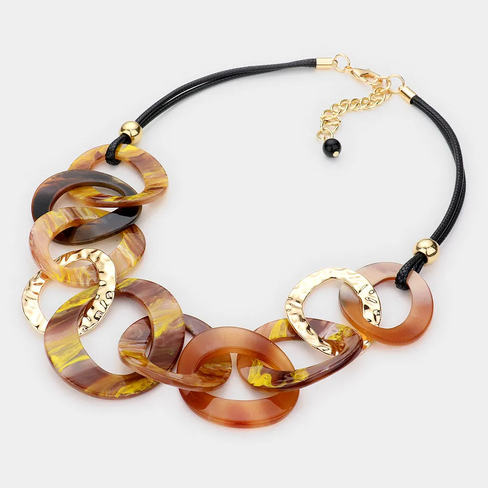 Celluloid Acetate Hammered Open Metal Oval Link Necklace