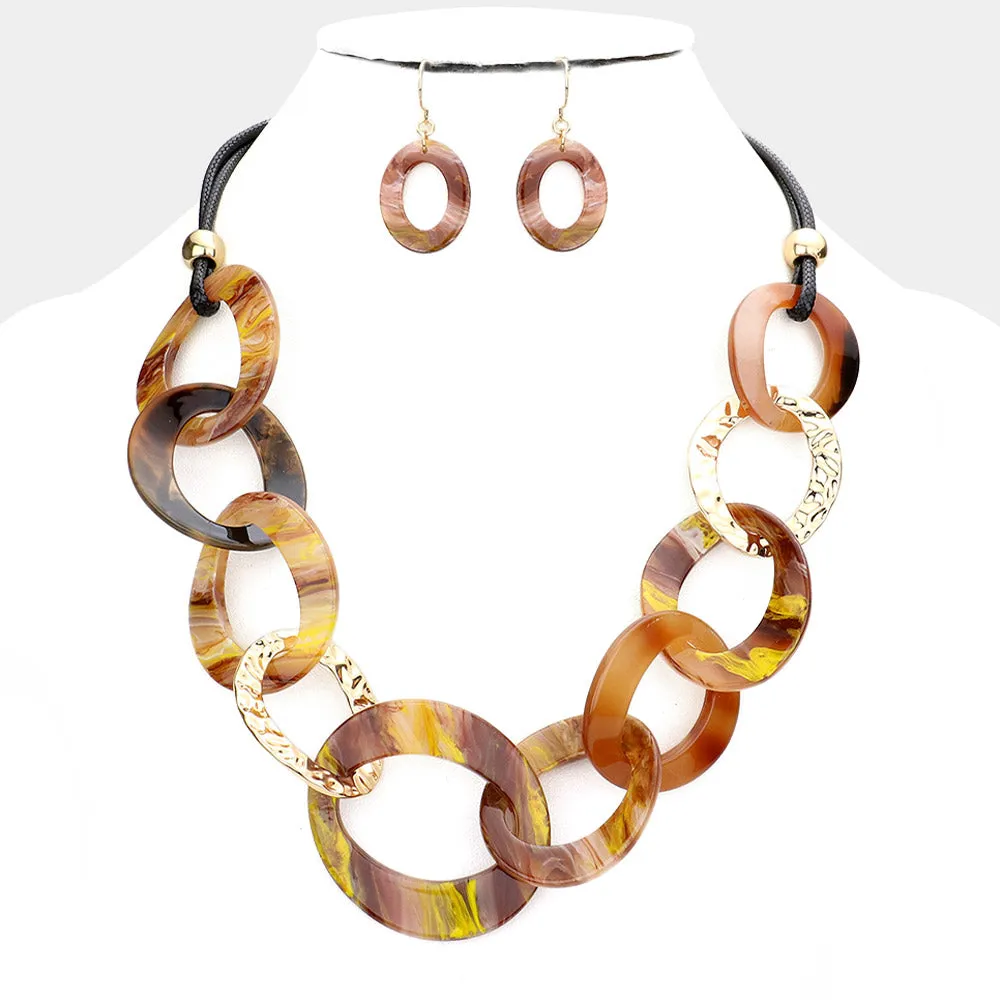 Celluloid Acetate Hammered Open Metal Oval Link Necklace
