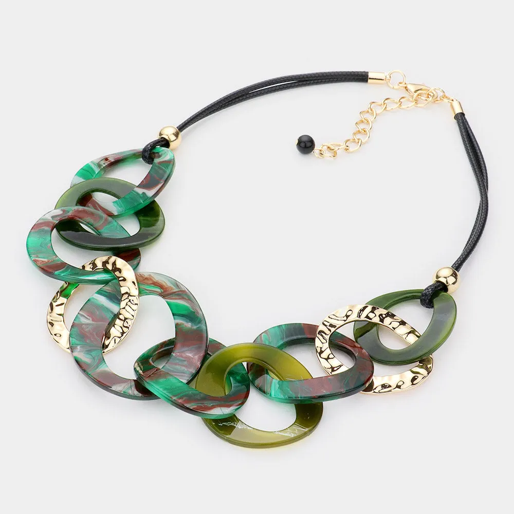 Celluloid Acetate Hammered Open Metal Oval Link Necklace