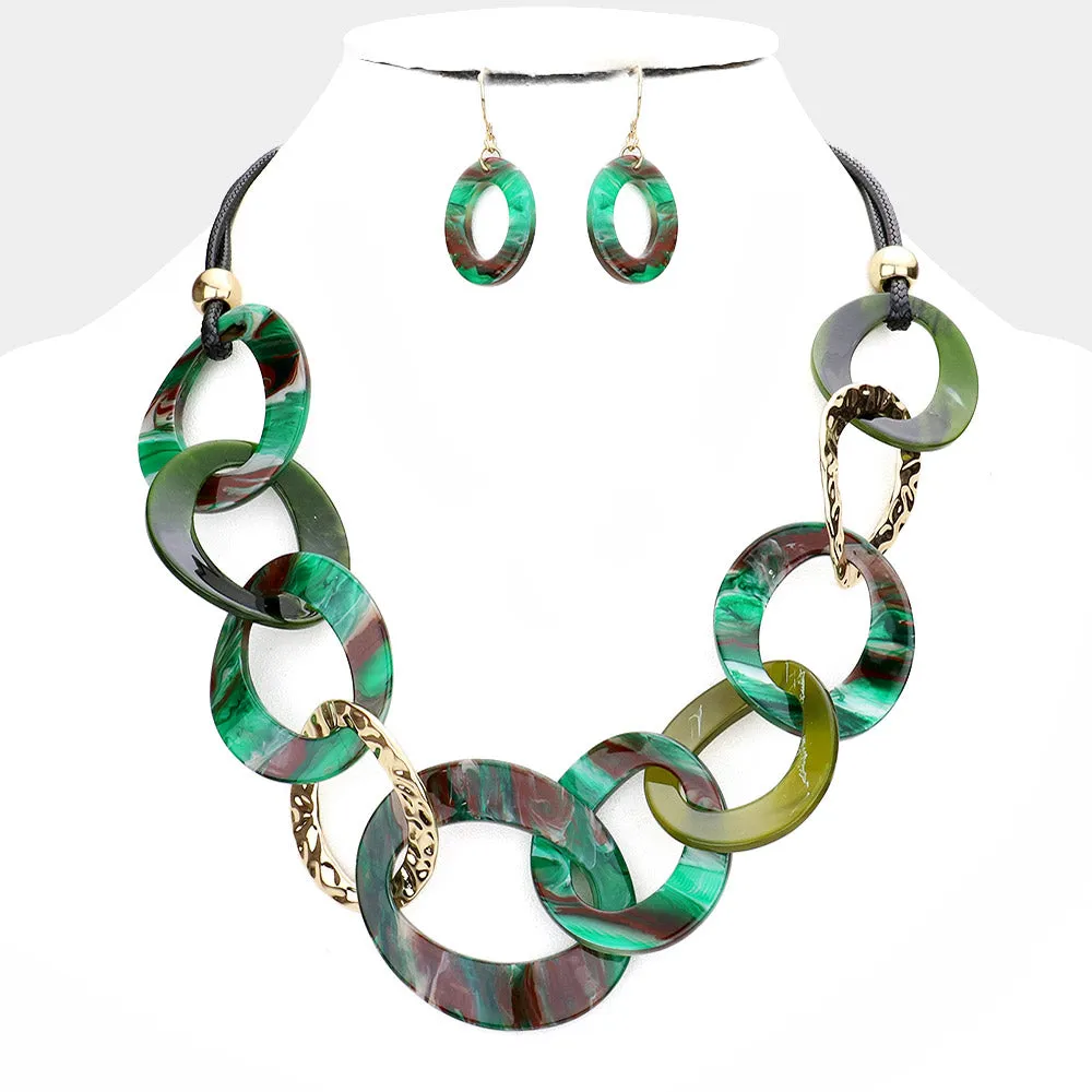 Celluloid Acetate Hammered Open Metal Oval Link Necklace