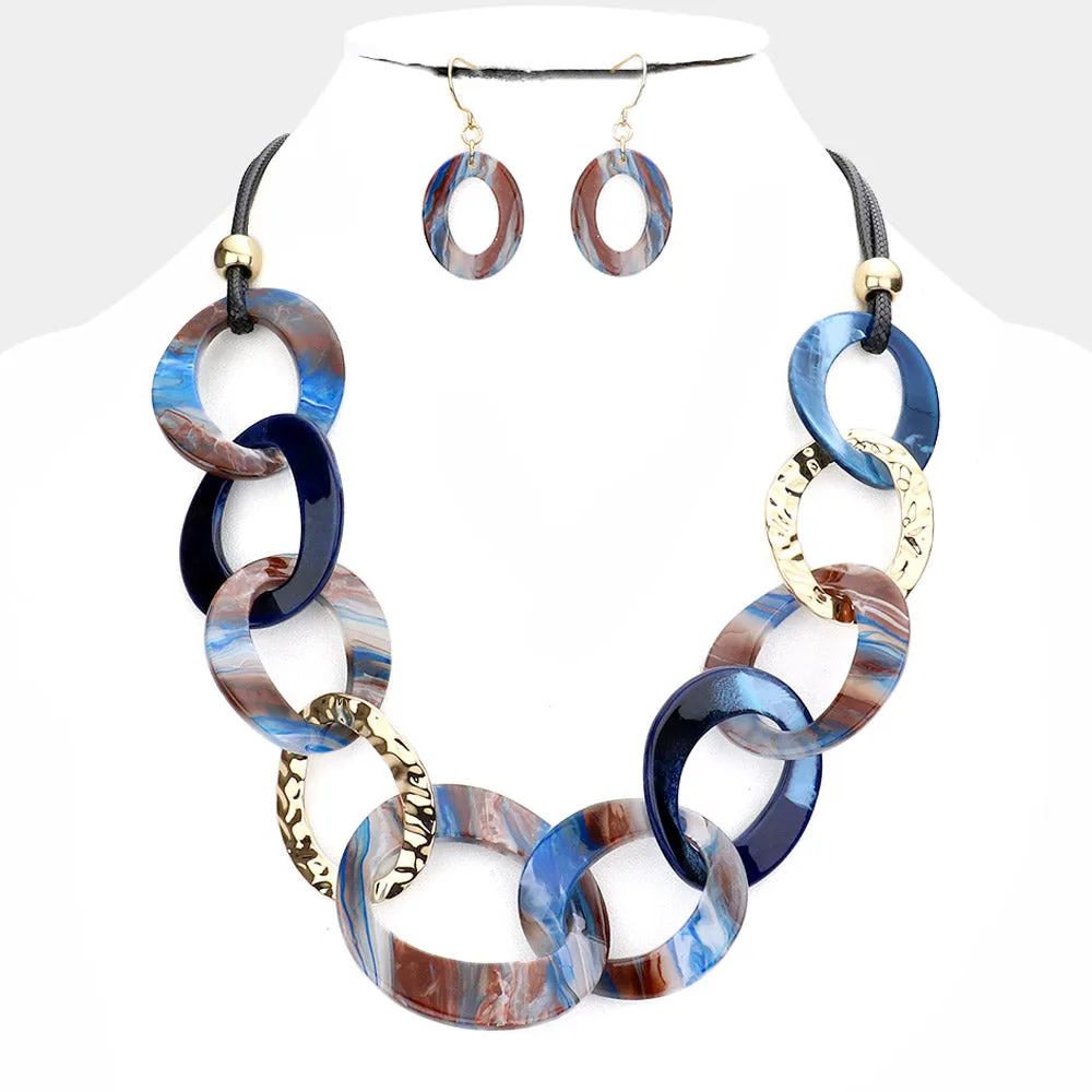 Celluloid Acetate Hammered Open Metal Oval Link Necklace