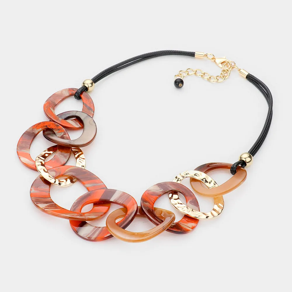 Celluloid Acetate Hammered Open Metal Oval Link Necklace