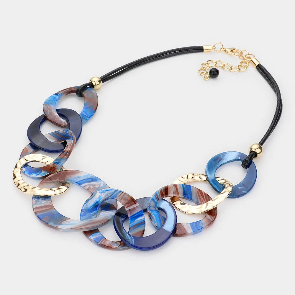 Celluloid Acetate Hammered Open Metal Oval Link Necklace