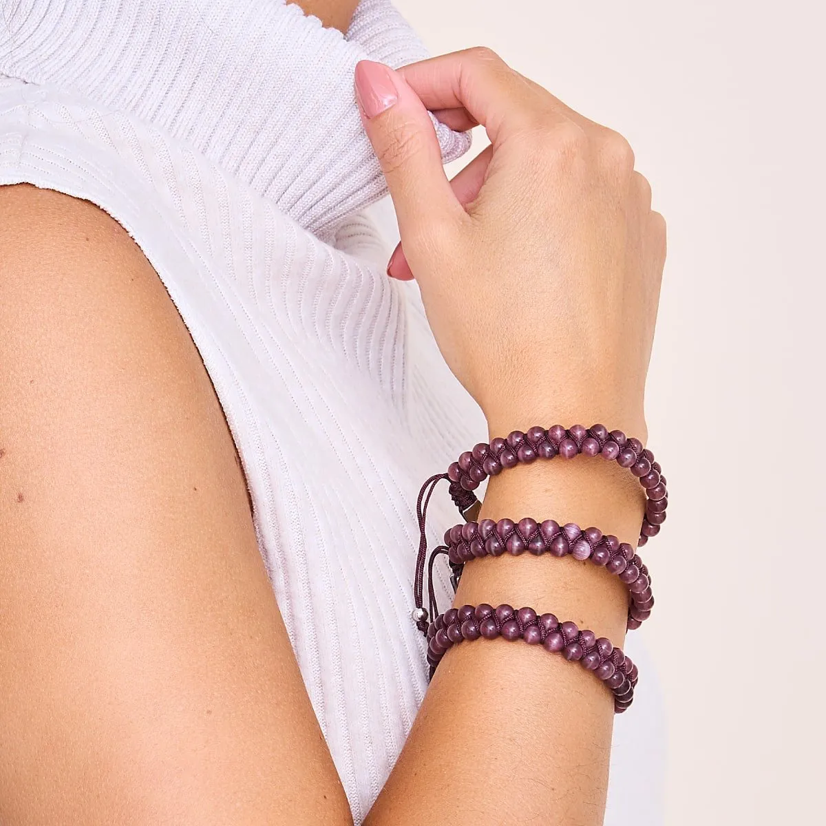Chestnut | Silver | Cheshire Glass Double Macrame Bracelet