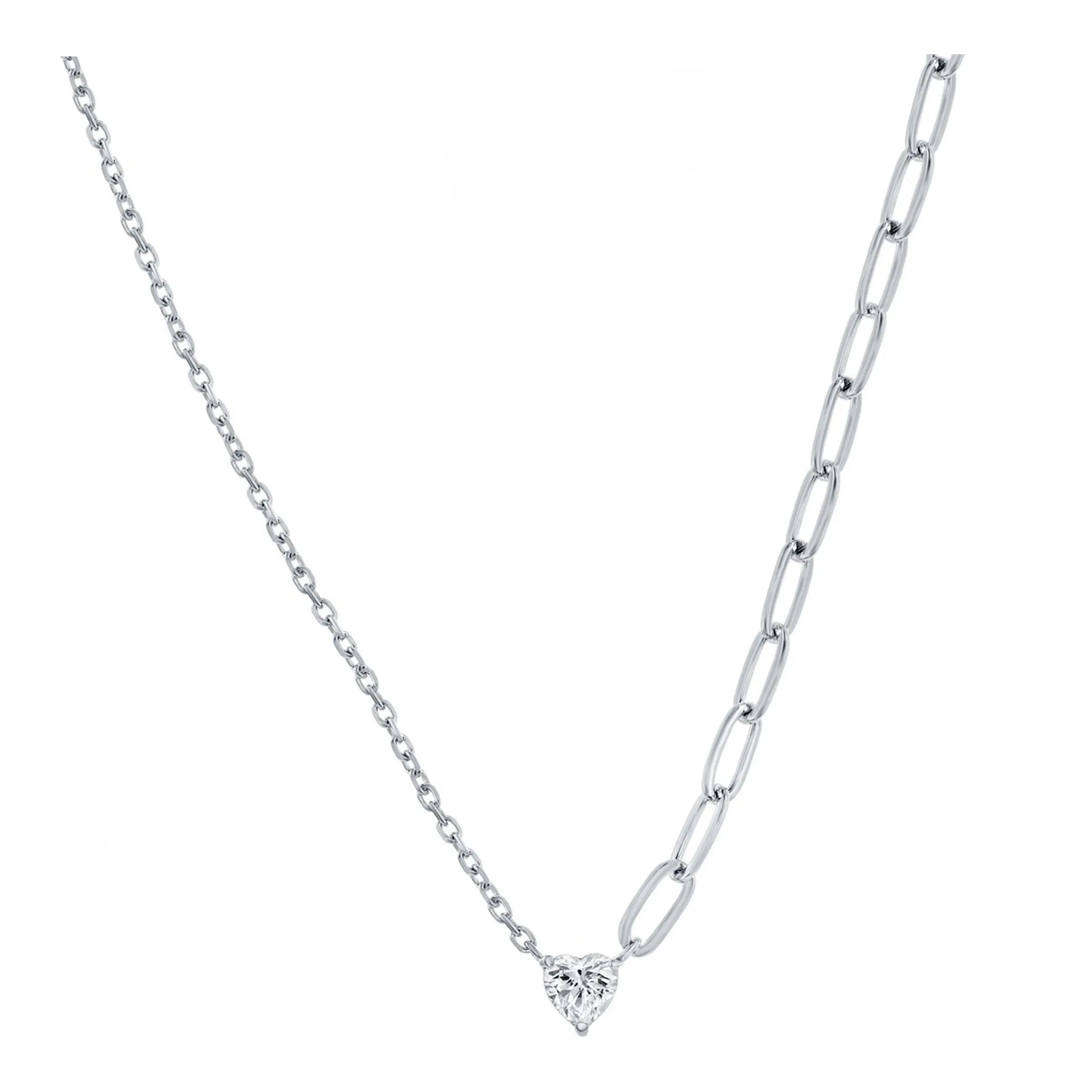Clear Heart Paperclip and Cable Chain Necklace