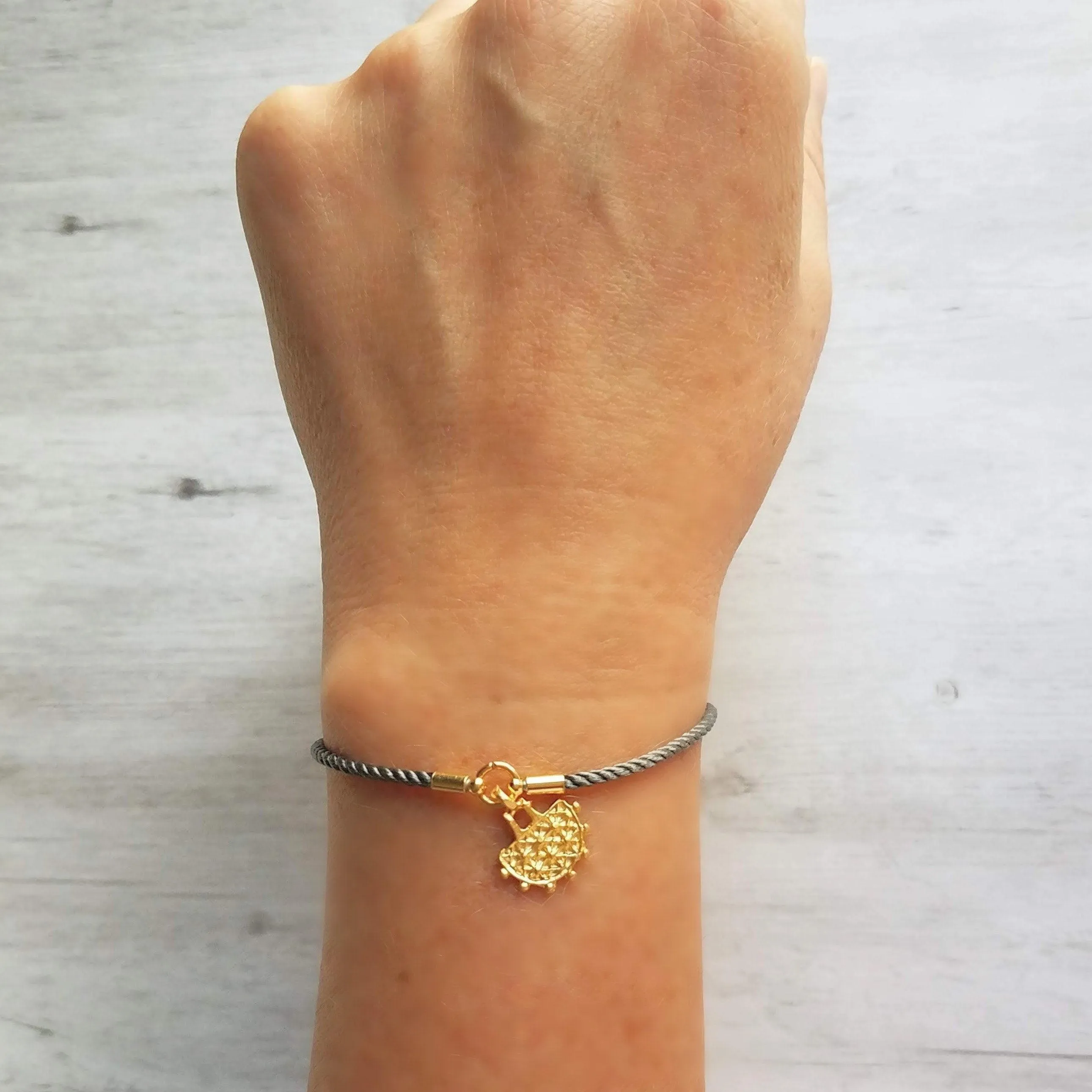 Cord Bracelet - grey silk style thin twisted rope - gold semicircle medallion charm - adjustable /one size fits most - gray stacking layer