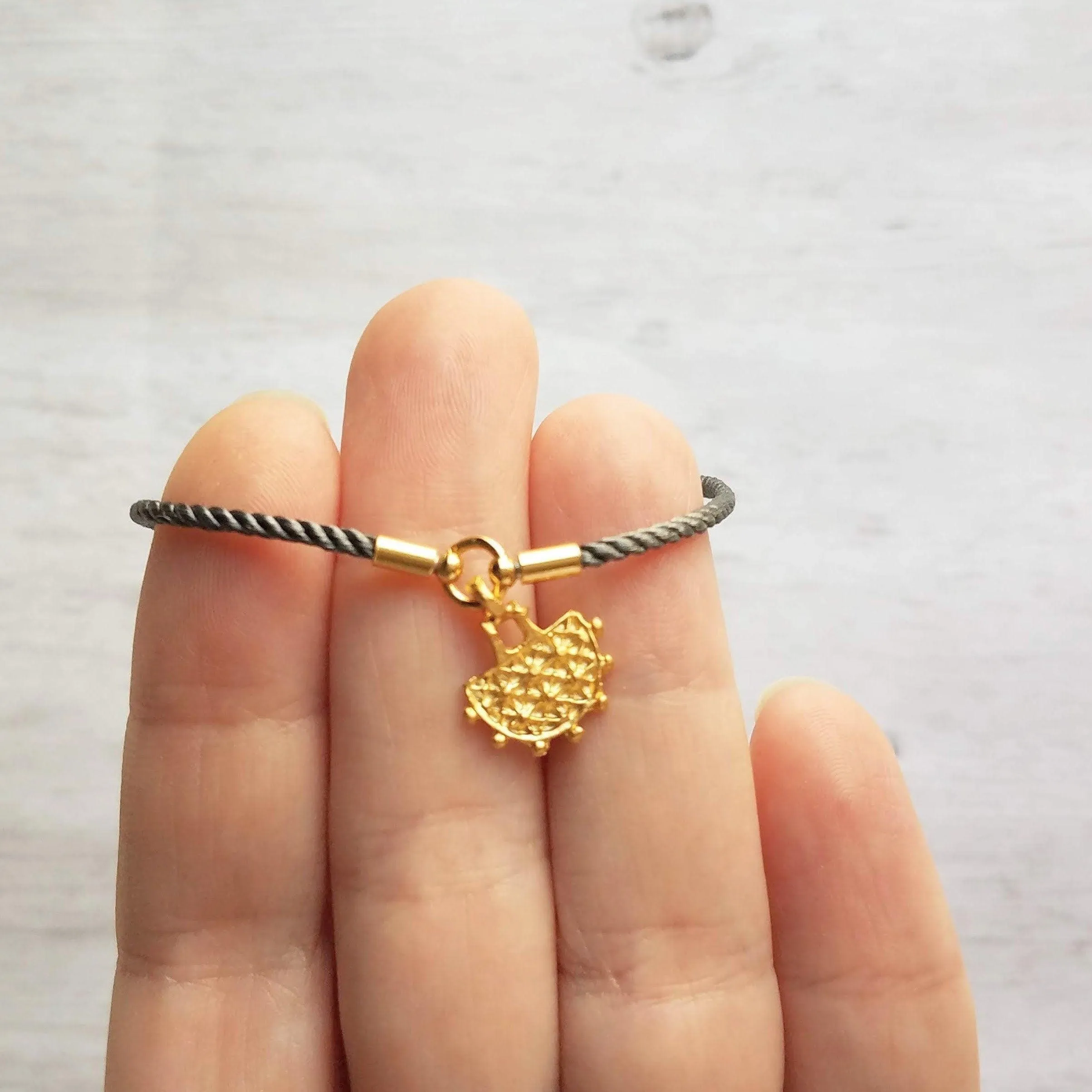 Cord Bracelet - grey silk style thin twisted rope - gold semicircle medallion charm - adjustable /one size fits most - gray stacking layer