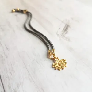 Cord Bracelet - grey silk style thin twisted rope - gold semicircle medallion charm - adjustable /one size fits most - gray stacking layer