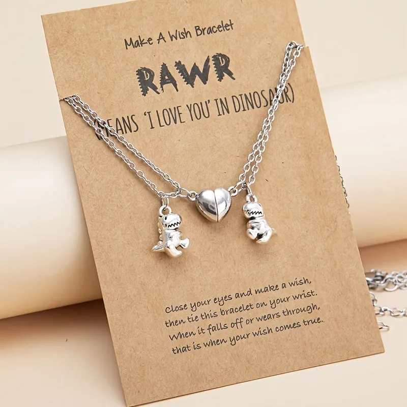 Couple Magnet Heart Dinosaur Pendant Necklaces for Friendship